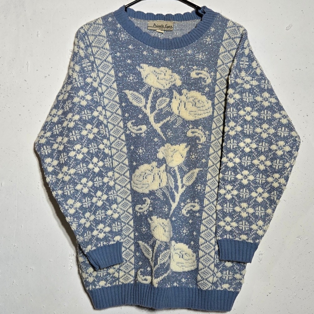 Vintage Private Eyes Floral Metallic Sweater XL Grandma Cottage 90s Retro Winter